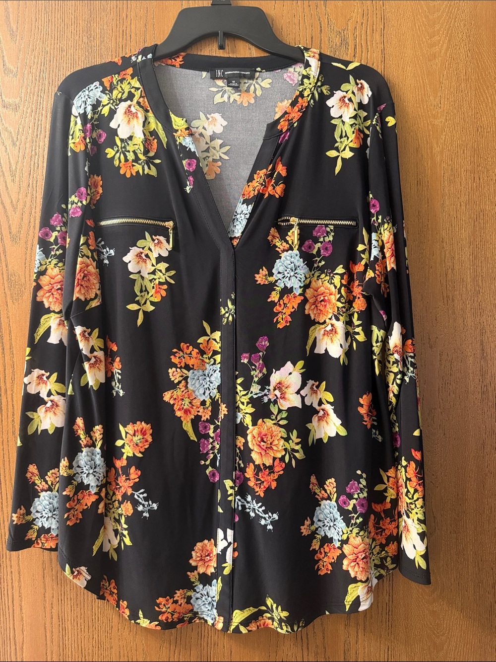 INC International Concepts Black Floral Zip-Front Blouse